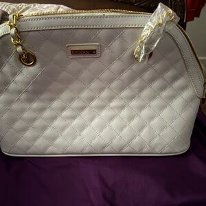 IMAN Quilted Dome Satchel Handbag - White with Gold Hardware